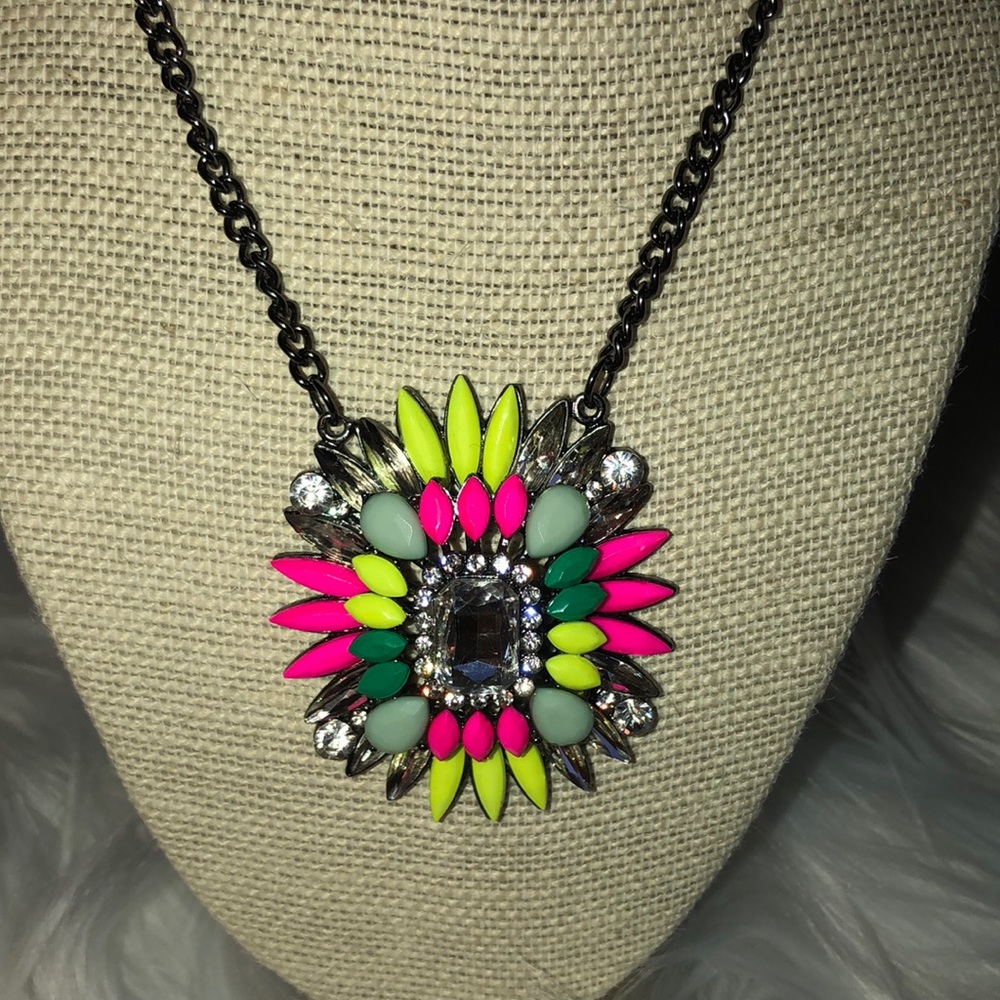 Neon Bright Multicolored Starburst Flower Jeweled Statement Necklace Gray Metal